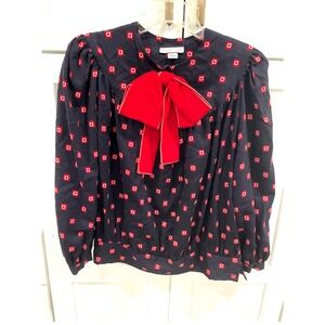 Vintage‎ Zoe LTD Wool Blouse Red Bow Navy Blue Geometric Print Size 14